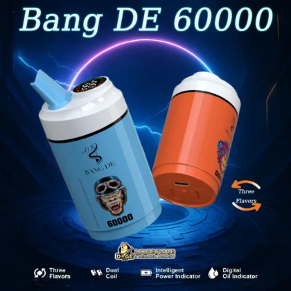 Promotional image of Bang DE 60000 vape devices in blue and orange variants, featuring multiple flavours, dual coil technology, and digital indicators, set against a futuristic neon-themed background.