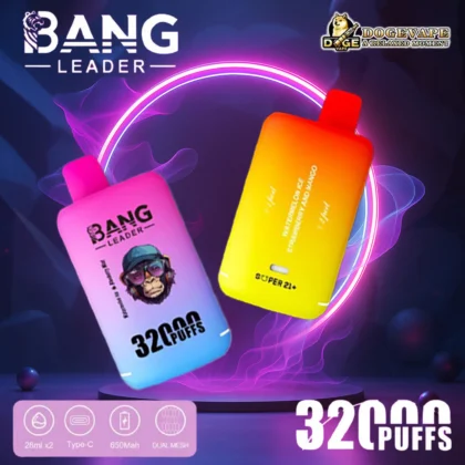 Promotional image for Bang Leader and Dogevape brands featuring two brightly coloured vape devices with highlighted features like 32,000 puffs, 28ml capacity, Type-C charging, 650mAh battery, and dual mesh design, set against a neon-lit background.