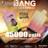 Promotional graphic for Bang Leader vape, featuring two vapes offering double flavor options, including 45,000 puffs, Type-C charging port, dual mesh coil, and 21+ age restriction, with a chimpanzee wearing sunglasses on a yellow gradient background.