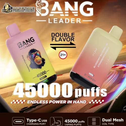 Promotional Graphic For Bang Leader Vape, Featuring Two Vapes Offering Double Flavor Options, Including 45,000 Puffs, Type-C Charging Port, Dual Mesh Coil, And 21+ Age Restriction, With A Chimpanzee Wearing Sunglasses On A Yellow Gradient Background.