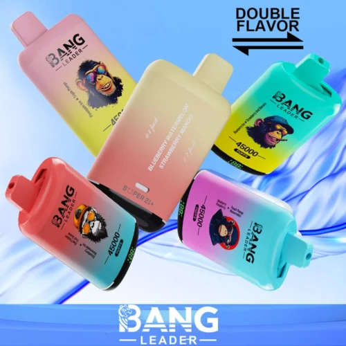 A Promotional Image Showcasing Vibrant Disposable Vape Devices Labeled &Quot;Bang Leader&Quot; With Playful Graphics And Double-Flavor Options Like &Quot;Blueberry Watermelon / Strawberry Mango&Quot; Against A Wave-Textured Blue Background.