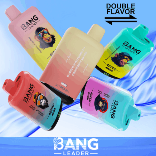 Five Vibrantly Coloured Vape Devices From Bang Leader With Various Illustrations Of Monkeys, Each Offering 45000 Puffs With Flavours Like Blueberry Watermelon And Strawberry Mango Against A Light Blue Wavy Background.