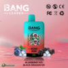 A Bang Leader vape device with a blurred face graphic, offering 45,000 puffs in Blueberry Ice and Black Dragon Ice flavours, displayed on a pink gradient background with digital percentage reading and brand logos.