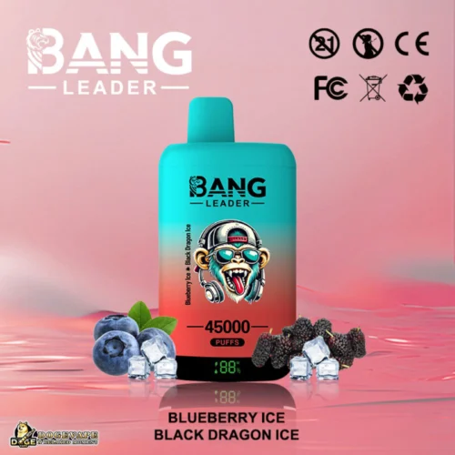 Promotional Image For A Bang Leader Vape Featuring Blueberry Ice And Black Dragon Ice Flavours, With The Device Showing 45000 Puffs Capacity And Various Certification Icons On A Pink Background.