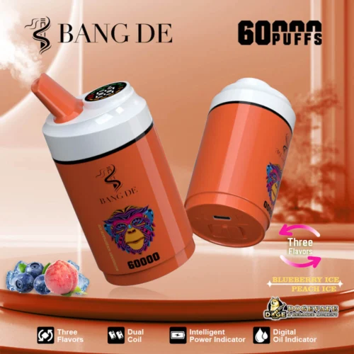 Promotional Image Showcasing Bang De Vaping Devices, Highlighting Features Like 60,000 Puffs Capacity, Dual Coil, Digital Oil Indicator, And Three Flavor Options Including Blueberry Ice And Peach Ice, Against A Gradient Background.