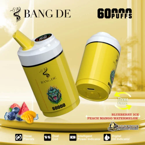 Promotional Image Of A Bang De Disposable Vape In Yellow, Showcasing Its Features Such As 60,000 Puffs, Three Flavors, A Dual Coil Design, And Digital Indicators For Power And Oil Levels, Surrounded By Fruity Visuals Representing The Flavors: Blueberry Ice, Peach Mango, And Watermelon.