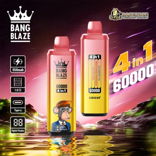 Promotional Image Featuring Two Bang Blaze Vape Devices Labeled With '60000 4-In-1' Against A Digital Landscape, Highlighting A Crown Logo And Device Specifications Like 650Mah Battery And Type-C Charging.