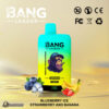Promotional image for Bang Leader vape device featuring blueberry, strawberry, and banana flavours, highlighted by images of the fruits and ice with a partially blurred central graphic.