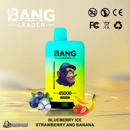 Promotional Image For Bang Leader Vape Showcasing A Green And Yellow Flavour Bottle For Blueberry Ice, Strawberry And Banana, With Blueberries, Ice Cubes, Strawberries, And Bananas Depicted Alongside Brand And Product Details Like '45000 Puffs'.