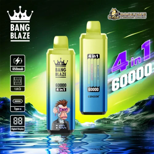 Promotional Image Showcasing Two Vape Devices Labeled 'Bang Blaze 4 In 1' With A Capacity Of 60,000 Puffs, Featuring Flavour Options And Specifications Like 650Mah Battery And Type-C Charging, Set Against A Vibrant Green And Blue Digital Background.