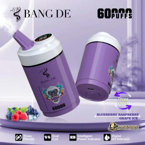 Promotional Image Featuring A Purple Bang De Vaping Device With 60,000 Puffs, Highlighting Its Three Flavours Including Blueberry, Raspberry, And Grape Ice, Dual Coil Design, And Intelligent Power Indicator.