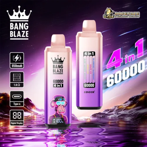 Promotional Image For Bang Blaze Vape Featuring Two 4-In-1 Devices In Pink And Purple Colours With 60000 Puffs, Showcasing Specifications Like 650Mah Battery, Type-C Charging, And Flavours Against A Vibrant Cosmic-Themed Background.