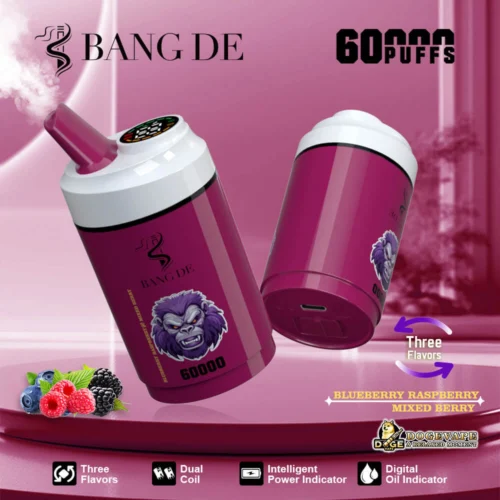 Promotional Image Of A Bang De E-Cigarette Device In Purple And White, Featuring A Logo With A Gorilla Illustration And Specifications Like 60,000 Puffs, Three Flavors, And Intelligent Power Indication. Surrounding Graphics Highlight Available Flavors: Blueberry, Raspberry, And Mixed Berry.