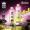 Promotional image showcasing Bang Blaze 4-in-1 vaping devices with 60,000 puff capacity, digital display, and Type-C charging, set against a stylized background.