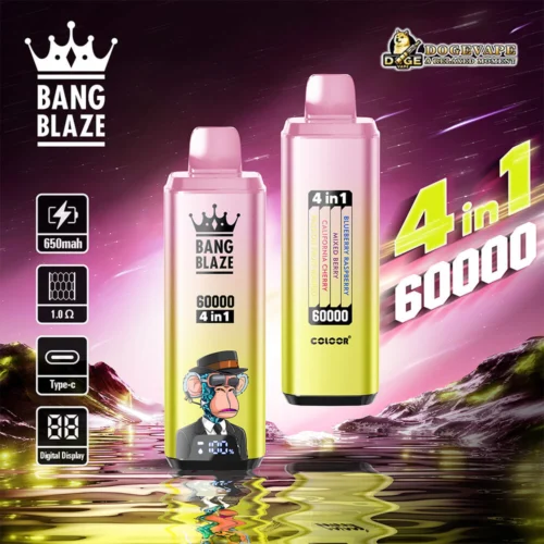 Promotional Image Featuring Bang Blaze 4-In-1 E-Cigarettes With A 650Mah Battery, Digital Display, And Four Flavors Showcased Against A Vibrant Landscape. The Product Highlights Include A Sleek Design And A Cartoon Ape Illustration On The Shell.