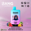 A colourful vape device labeled 'BANG LEADER' with a blurred central design, featuring 45,000 puffs and flavours including blueberry raspberry, peach mango, and watermelon, displayed amidst images of these fruits against a pastel pink background with logos indicating regulations and a Dogevape branding at the bottom.