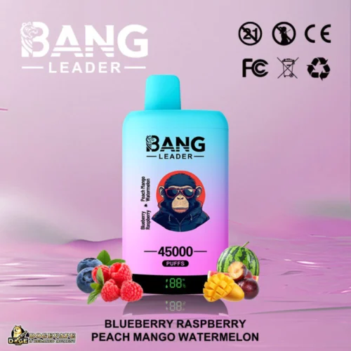 Promotional Image For Bang Leader Vape Displaying A Colourful Vaporizer With Capacity For 45000 Puffs, Featuring Flavours Like Blueberry, Raspberry, Peach Mango, And Watermelon; Adorned With Various Certification Symbols And A Blurred Face Illustration.