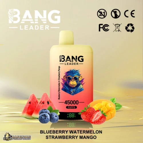 Promotional Image Of A Vape Device Labeled 'Bang Leader' Featuring Flavour Options Like Blueberry Watermelon, Strawberry Mango, And Decorated With Fruit Illustrations.