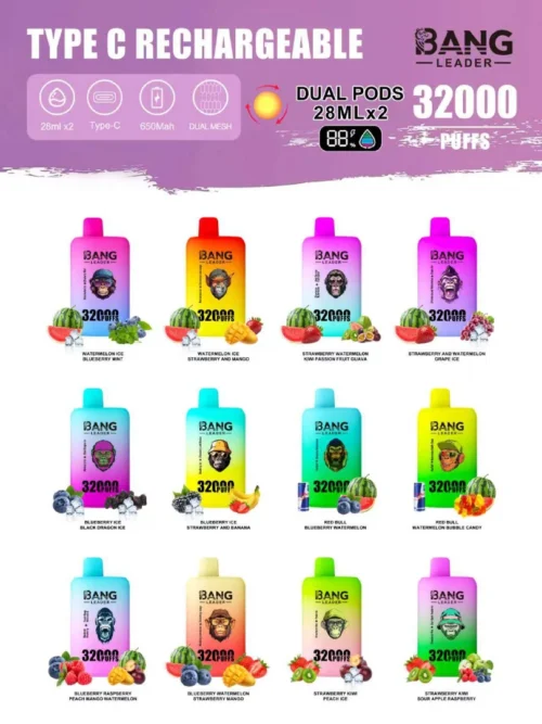 Promotional Image Displaying Various Flavoured Bang Leader Rechargeable Electronic Pods With Dual Pods, Type-C Charging, And Personalized Product Designs, Featuring Details Like 28Ml E-Liquid Per Pod And A Claim Of 32,000 Puffs Per Device.