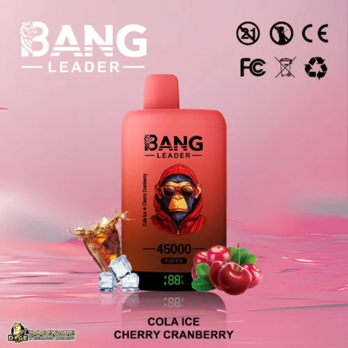 A Bang Leader Vape Device With A Monkey Design, Labelled 'Cola Ice Cherry Cranberry', Featuring A Refreshing Drink With Ice Cubes And Cranberries Beside It, On A Pink Background Displaying 45,000 Puffs Capability.