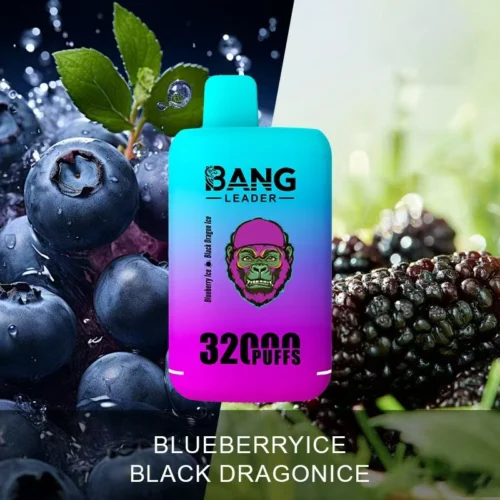 A Vaping Device Labeled 'Bang Leader' Offering 32,000 Puffs Is Depicted With A Blurred Logo, Set Against A Background Featuring Fresh Blueberries And Blackberries Labeled As 'Blueberry Ice Black Dragon Ice'.