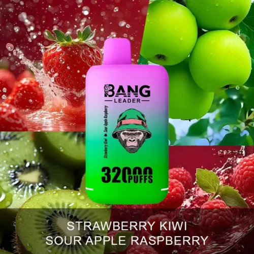 Colourful Packaging Of A Bang Leader Vape Displaying Strawberry, Kiwi, Sour Apple, And Raspberry Flavours, Surrounded By Vibrant Images Of These Fruits.