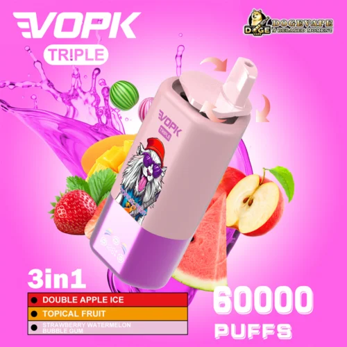 Promotional Image For Vork Triple Vape Showcasing A Pastel-Coloured Device With Vibrant Fruit Illustrations, Three Flavours Listed, And Text Highlighting 60,000 Puffs, With A Branded Pink And Purple Design Aesthetic.