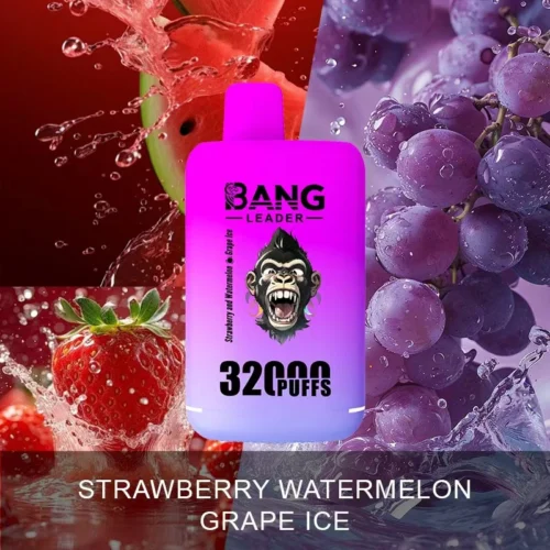 A Bright Purple Vape Device Labelled 'Bang Leader' Featuring A Fierce Gorilla Face And Text Indicating A Strawberry Watermelon Grape Ice Flavour With 3200 Puffs, Set Against A Background Of Fresh Strawberries, Watermelon Slices, And Clusters Of Ripe Grapes.