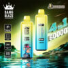 Promotional image for Bang Blaze 4-in-1 vaping device, showcasing features like 60,000 puffs, 650mAh battery capacity, Type-C charging, and flavour options with a stylized monkey graphic on the device, set against an abstract green and glowing background.