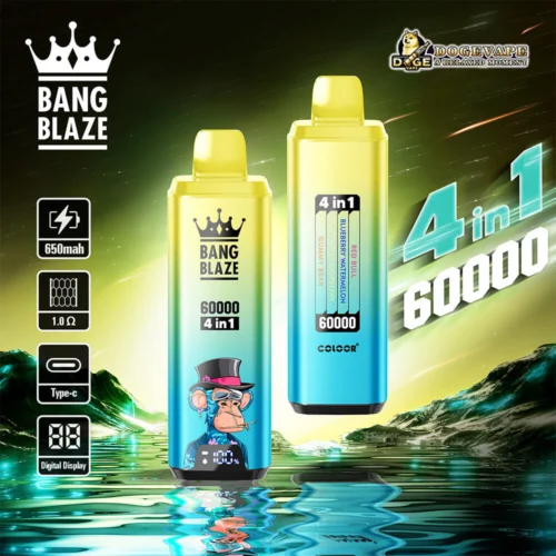 Promotional Image Showcasing Two Brightly Coloured Vaping Devices Branded As 'Bang Blaze,' Featuring '4 In 1' Flavour Capability And Specifications Including 650Mah Battery, Type-C Charging, Digital Display, And 1.0 Ohm Coil With Artistic Background.