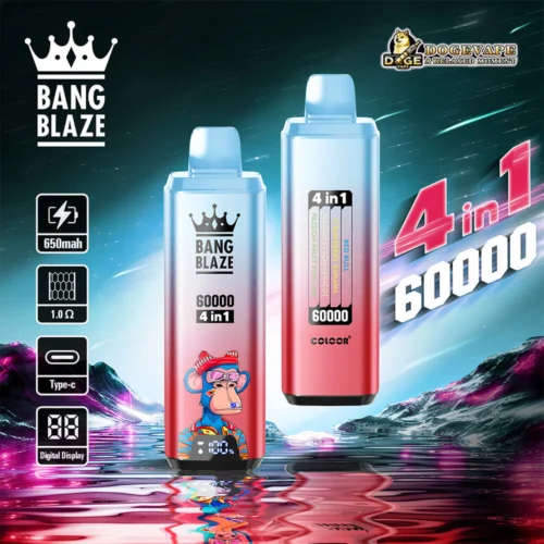 Promotional Image For Bang Blaze 4-In-1 Vape Devices, Showing Two Models With Colorful Designs, Branding, Specifications Like 650Mah Battery, And Scenic Background With Reflective Water.
