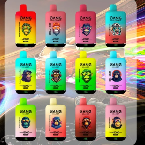 A Grid Of Twelve Colourful Bang Leader Disposable Vapes Featuring Cartoon Ape Designs With 45,000 Puffs Each, Displayed Against A Vibrant, Abstract Background.