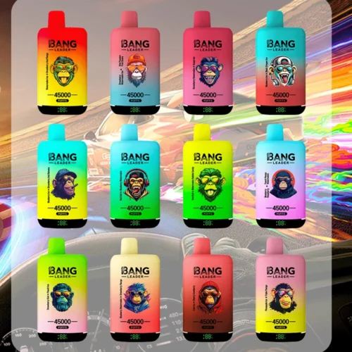 A Display Of Colorful Disposable Vaping Devices, Each Featuring Vibrant Gradient Designs And Humorous Monkey Illustrations, Set Against A Dynamic, Multi-Colored Abstract Background.