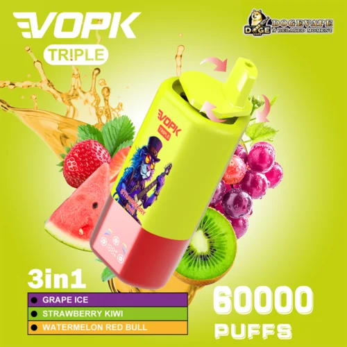 Promotional Image Featuring The Vopk Triple Disposable Vape Device Highlighting Flavours Like Grape Ice, Strawberry Kiwi, And Watermelon Red Bull; Accompanied By Vibrant Fruit Graphics And A Stated Capacity Of 60,000 Puffs.