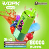 Promotional image for the VOPK Triple vape device featuring a lime green body with a vibrant design, offering three flavours: gummy bear, strawberry vanilla cola, and blueberry cotton candy, capable of providing up to 60,000 puffs.