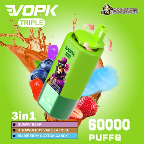 Promotional Image For The Vopk Triple Vape Featuring A Green Device Adorned With Artwork Of A Lion Wearing Sunglasses, Surrounded By Illustrated Fruits And Text Indicating Flavors: Gummy Bear, Strawberry Vanilla Coke, Blueberry Cotton Candy, And A Capacity Of 60,000 Puffs.