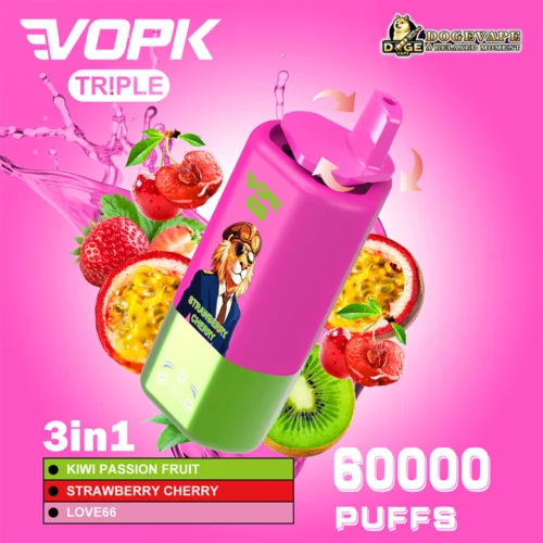 Promotional Image Of A Brightly Coloured Vape Device Featuring Fruit Flavours Like Kiwi, Passion Fruit, Strawberry, Cherry, And &Quot;Love66,&Quot; With 60,000 Puffs Capacity And Dogevape Branding.