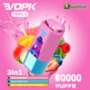 A promotional image for the VOPK Triple vape device depicting a brightly coloured cylindrical unit with flavours including Peach Berry, Blue Razz Ice, and Watermelon Peach Mango, set against a pink background with fruit illustrations.