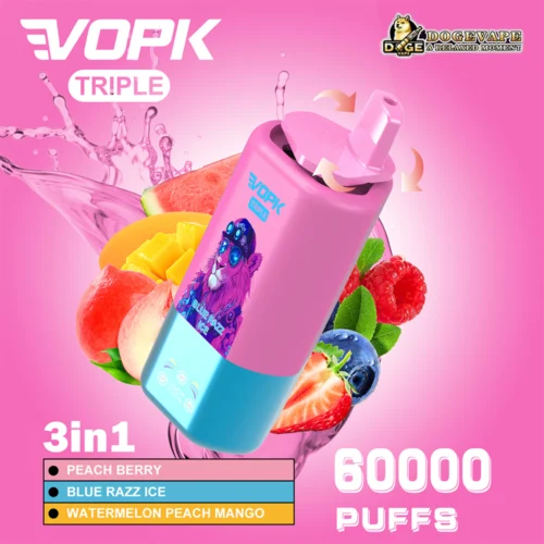 Promotional Image Of The Vopk Triple Vaping Device Featuring A Bright Pink Design, Fruit Illustrations, And Text Indicating Three Flavour Options And 60,000 Puffs Capacity.