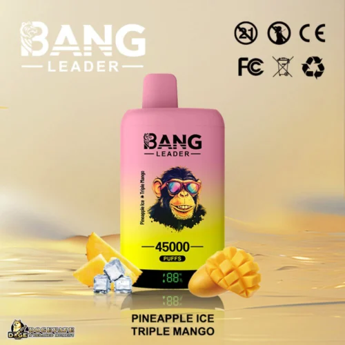Bang Leader Vape Advertisement Showing A Large Pink And Yellow Vape Device Labeled 'Pineapple Ice Triple Mango,' With 45,000 Puffs Displayed, Surrounded By Images Of Sliced Mango, Pineapple, And Ice Cubes.