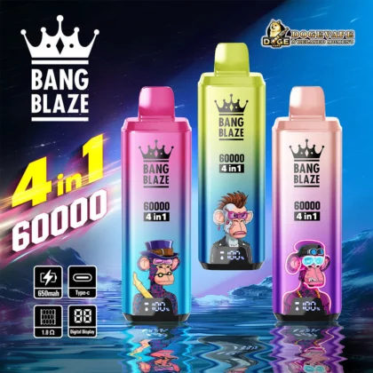 Promotional image for Bang Blaze 4-in-1 vape devices with a capacity of 60,000 puffs, featuring three models in vibrant colours, each adorned with unique monkey designs, set against a stylised blue background.