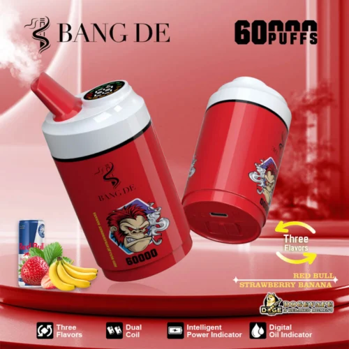 Promotional Image Showcasing A Red Bang De Vaping Device With 60,000 Puffs, Featuring A Graphic Of A Smoking Primate And Highlighting Three Available Flavours, Including Red Bull And Strawberry Banana, Alongside Features Like Intelligent Power Indication.