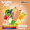 Promotional image for Vopk Triple vape device with a lion character illustration, showcasing three flavours: sour mango pineapple, red bull strawberry, and blackcurrant ice; boasting 60,000 puffs.