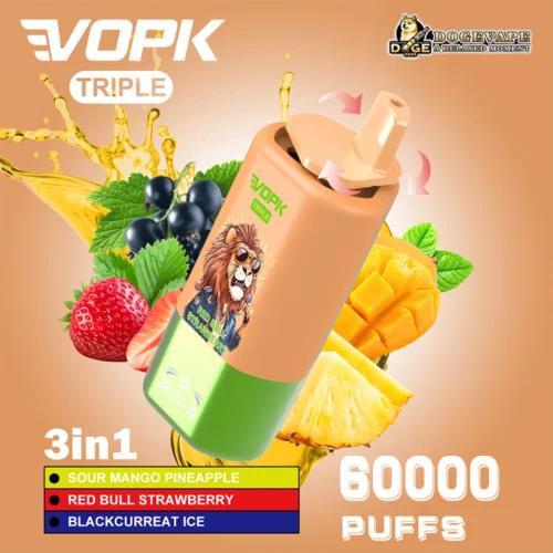 Promotional Image Of The Vopk Triple Vape Highlighting Mixed Flavour Offerings, Branded Design Featuring A Lion Wearing Sunglasses, And Specifications Such As 60,000 Puffs And 3-In-1 Flavour Options.