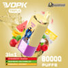 Promotional image of the Vopk Triple vape device, showcasing its features such as a 60000 puff capacity and three flavour options: strawberry banana, raspberry watermelon, and pineapple coconut, with a stylized graphic on the device and fruit illustrations in the background.