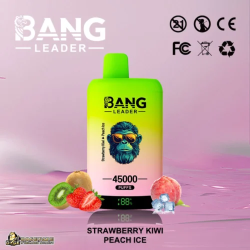 Promotional Image Showcasing Bang Leader Vaping Device With 45,000 Puffs, Featuring Strawberry Kiwi Peach Ice Flavour Alongside Fruit Imagery And Icons Indicating Certifications And Warnings.