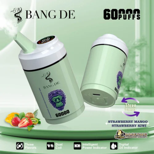 Product Image Showcasing The Bang De Vaping Device In Light Green Color With Branding And A Gorilla Logo, Featuring Specifications Like Up To 60,000 Puffs, Dual Coil, And Intelligent Indicator Lights; Also Displaying Available Fruit Flavors Including Strawberry, Mango, And Kiwi.