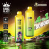 Promotional image for Bang Blaze 4-in-1 vaping devices with a 60,000 puff capacity, lime-green design, digital display feature, and flavour options like Strawberry Mango and Apple Grapes, set against a glowing abstract background.
