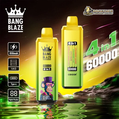 Two Colourful Vape Devices Labelled &Quot;Bang Blaze&Quot; With Graphic Designs And Specifications Like Battery Capacity, Flavours, And Digital Display Details, Set Against A Vivid Neon Landscape Backdrop.