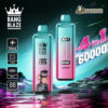 Promotional image for Bang Blaze 4-in-1 vape device showcasing its design, features like 650mAh battery and digital display, and colourful futuristic backdrop.